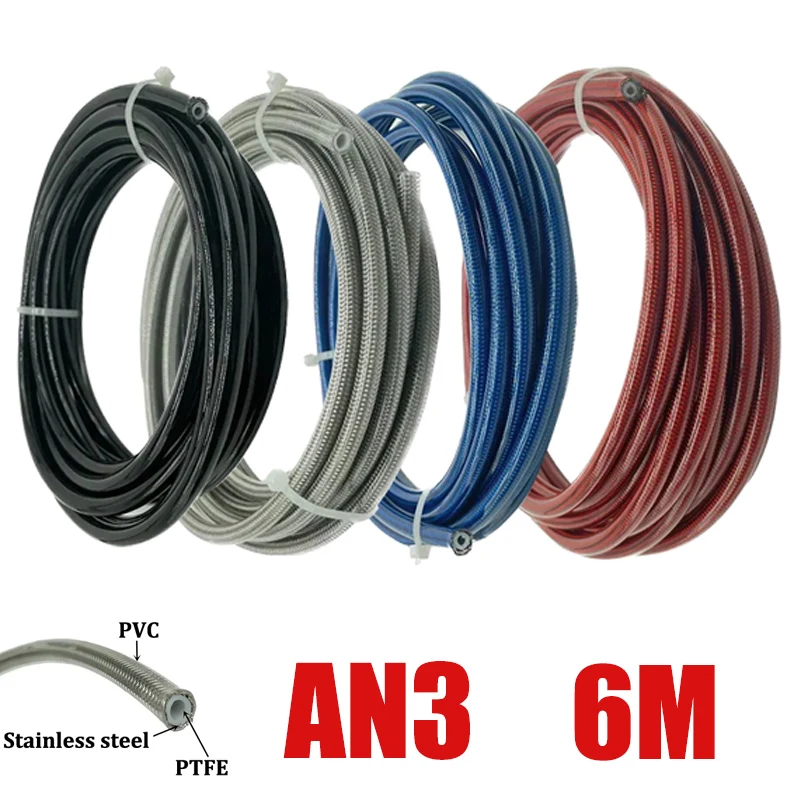 

6M 19.6FT AN3 Motorcycle Braided Stainless Steel PVC Brake Line Hose Fluid Hydraulic Hose Ptfe Brake Line Gas Oil Fuel Tube Pipe