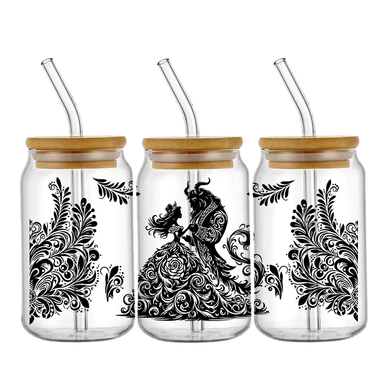 Black Disney Princess 16oz UV DTF Wraps Transfer Sticker For Libbey Glass Cup Waterproof Wrap Transfers Decals