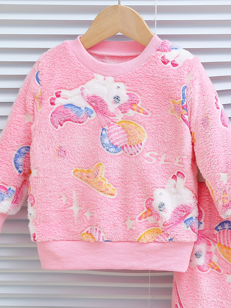 2pcs baby girl autumn and winter night light cartoon pattern long sleeved shirt and pants thickened for warmth