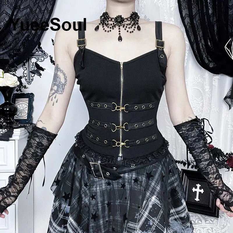 Gótico colheita topos preto cinta de espaguete malha magro espartilho topos 2024 novo goth punk grunge fada núcleo sexy y2k roupas de halloween