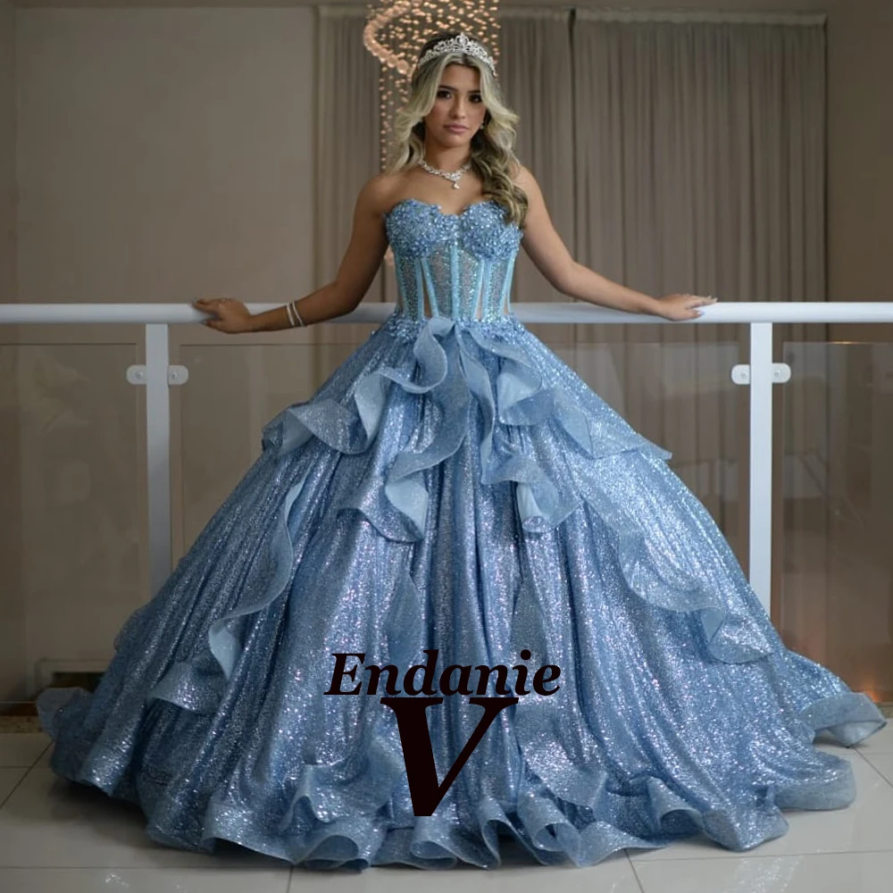 light blue quince dress with butterflies Princess Lace Tulle Quinceanera Dresses Pearls Butterfly Light Blue / Custom Size shoulder straps adds a dreamy Off Shoulder Blauwe Jurk Quinceanera