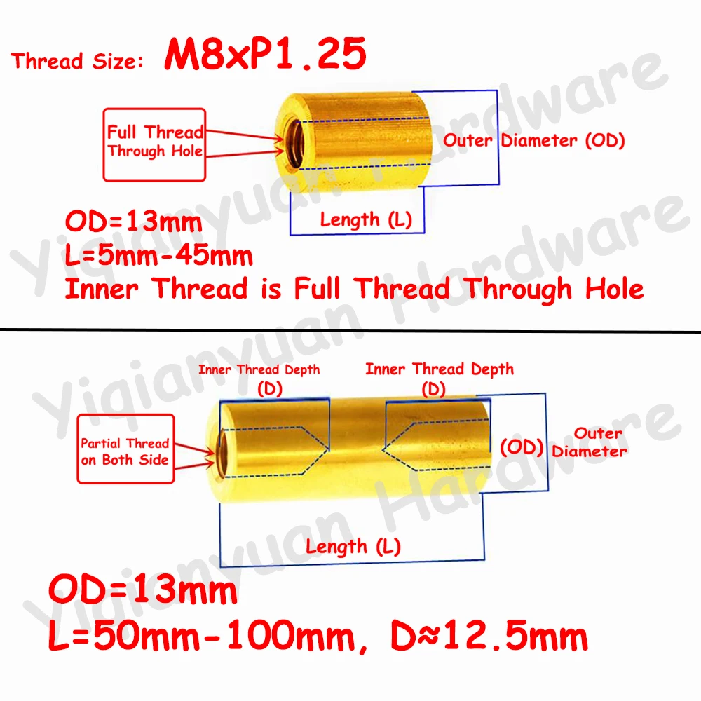 Yiqianyuan M8 Round Brass Standoff Spacer Extended Coupling Sleeve Copper Studs L=5mm to 100mm OD=13mm Coarse Thread/Fine Thread