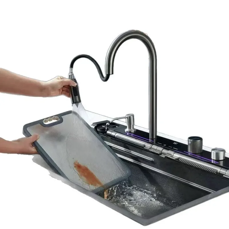 Large Single Bowl Stainless Steel Kitchen Sink Modern Home Pull down Waterfall Faucet Deep Vegetable Washing Basin