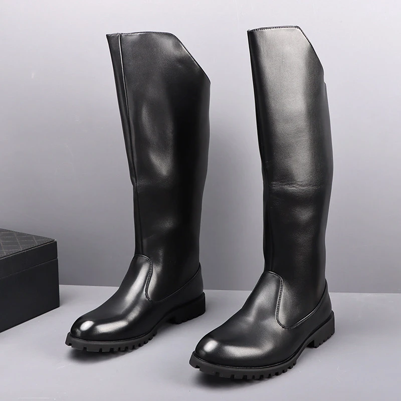 large size mens fashion stage nightclub high motorcycle boots natural leather shoes cowboy long boot black trendy knight botas