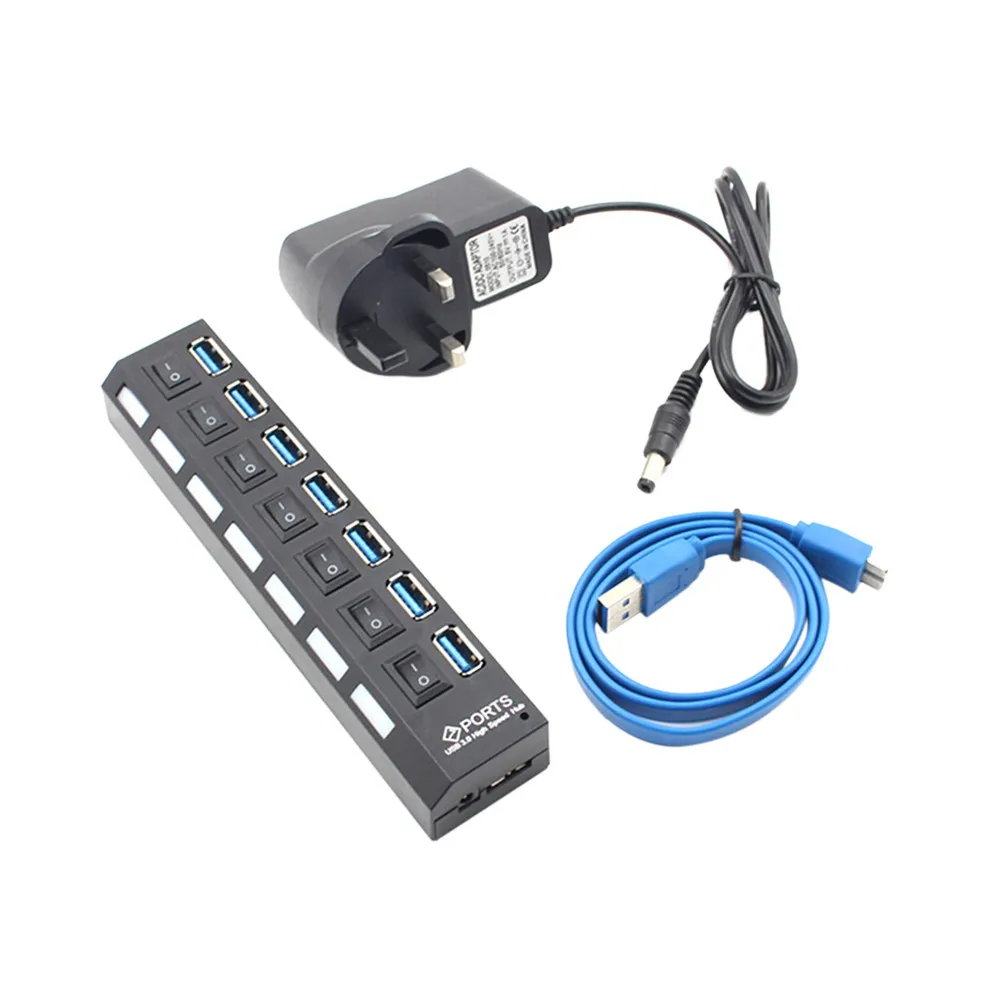7-Port USB Hub 3.0 High-Speed Data Transfer Splitter Individual on Off LED Indicator Support Hot Plug Compatible