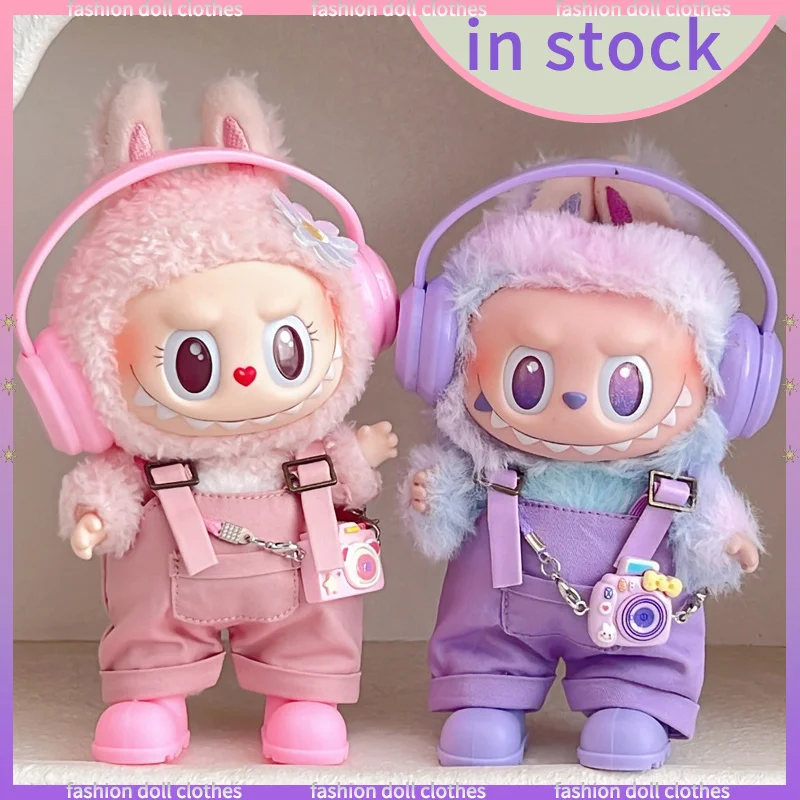 

For 17cm Labubu Doll Clothes Cute Pink Purple Strap Pants Earphone Set Sitting Party Trendy Drees Up Clothing Dolls Accessories