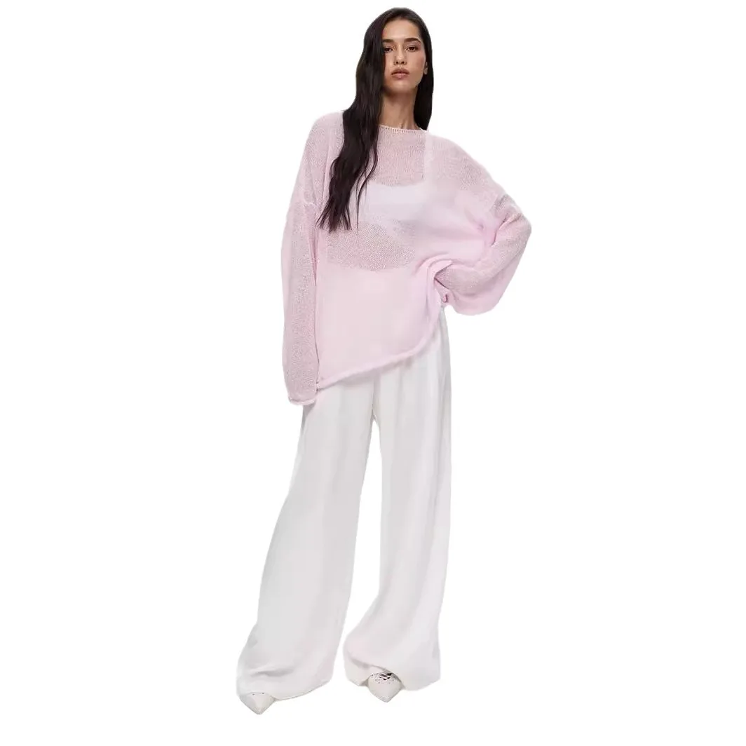 Elegant Solid Color Wool Hollow Knitted T-shirt For Women 2025 Casual Fashionable Loose Thin Women's Perspective Pullover Blouse