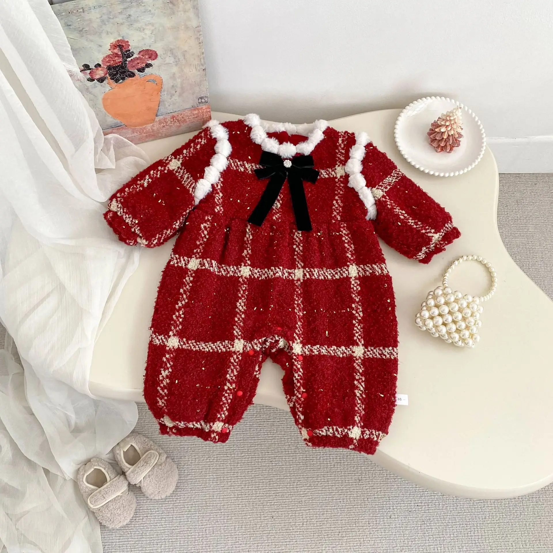 عيد الميلاد لطيف الرضع فتاة القوس منقوشة بذلة زائد المخملية سميكة ملابس الطفل 2025 شتاء جديد طفلة طويلة الأكمام الصوف رومبير #6