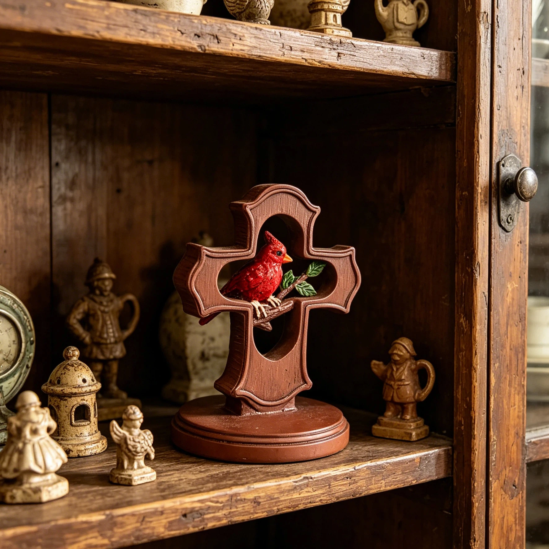 Red Cardinal Bird Cross Resin Statue Ornament, Church Chapel Tabletop Decoration Craft, Christian Home Prayer Corner Decor, Remembrance of the Deceased Memorial Ornament, Heartfelt Holiday Gift, American Retro Faux Woo