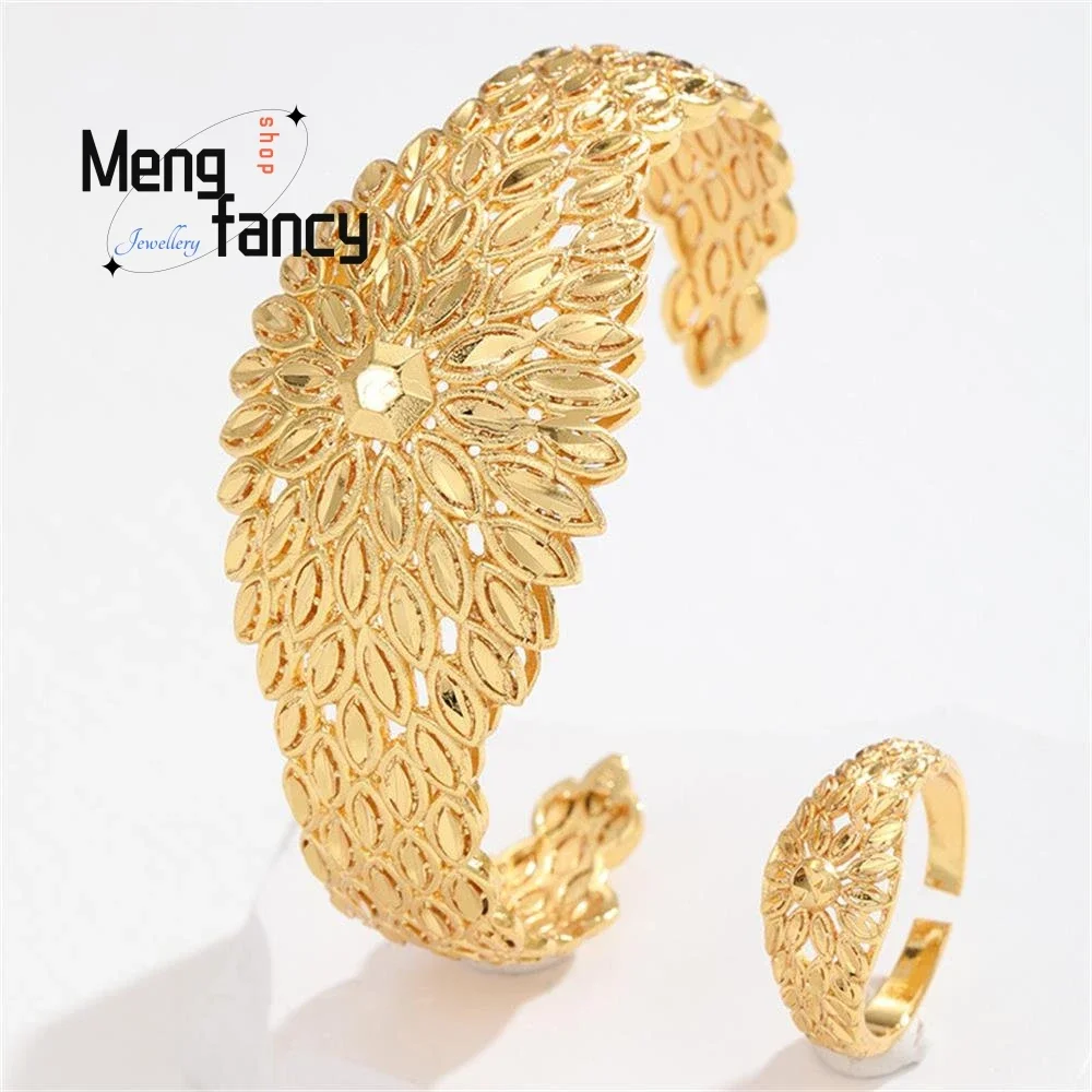 Sand Gold 24K Openwork Bracelet Ring With Wheat Ears Fashion Luxury Charms Fine Jewelry Sets Women Designer Bangle Holiday Gifts