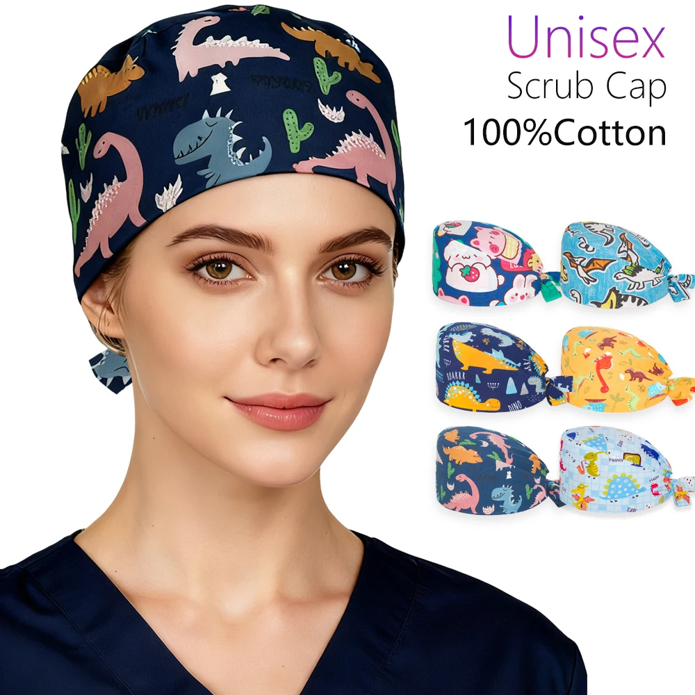 Cute Dinosaur Medical Scrub Cap 100%Cotton Pet Shop Vet Chef Work Surgery Hat Dental Hospital Anesthesia Surgical Caps Women Men