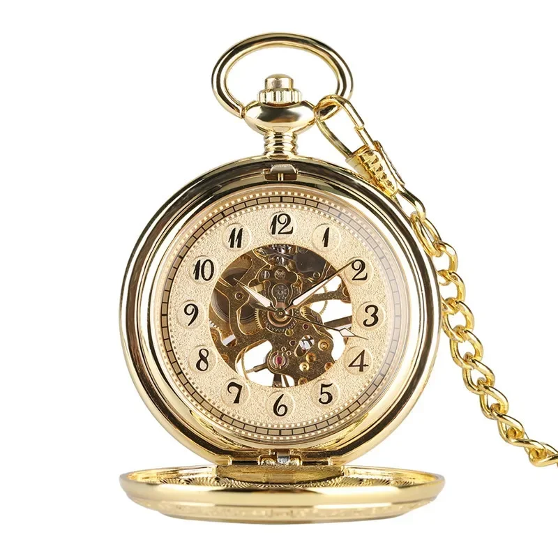 Luxury Golden Skeleton Hand-Wind Mechanical Pocket Watch for Men Women Fob Pendant Chain Clock with Arabic Number Display