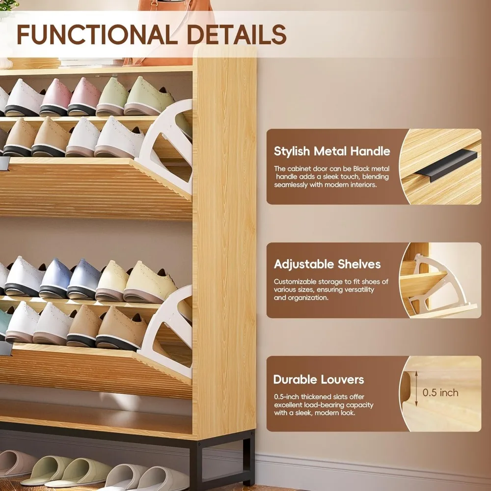 خزانة أحذية خشبية ضيقة قائمة بذاتها مع درجين رفرف للتخزين المخفي