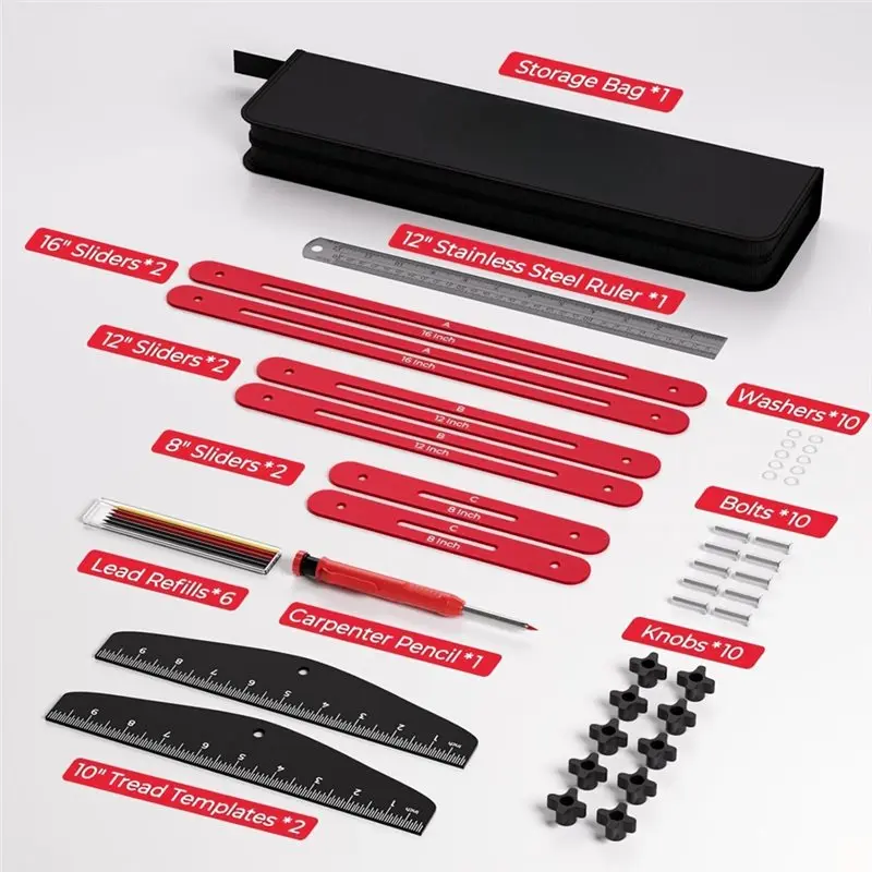 [Fashionbuy】 Adjustable Stair Jig Tool Kit With Carpenter Pencil And Steel Ruler, For Precise Stair Tread Template Woodworking