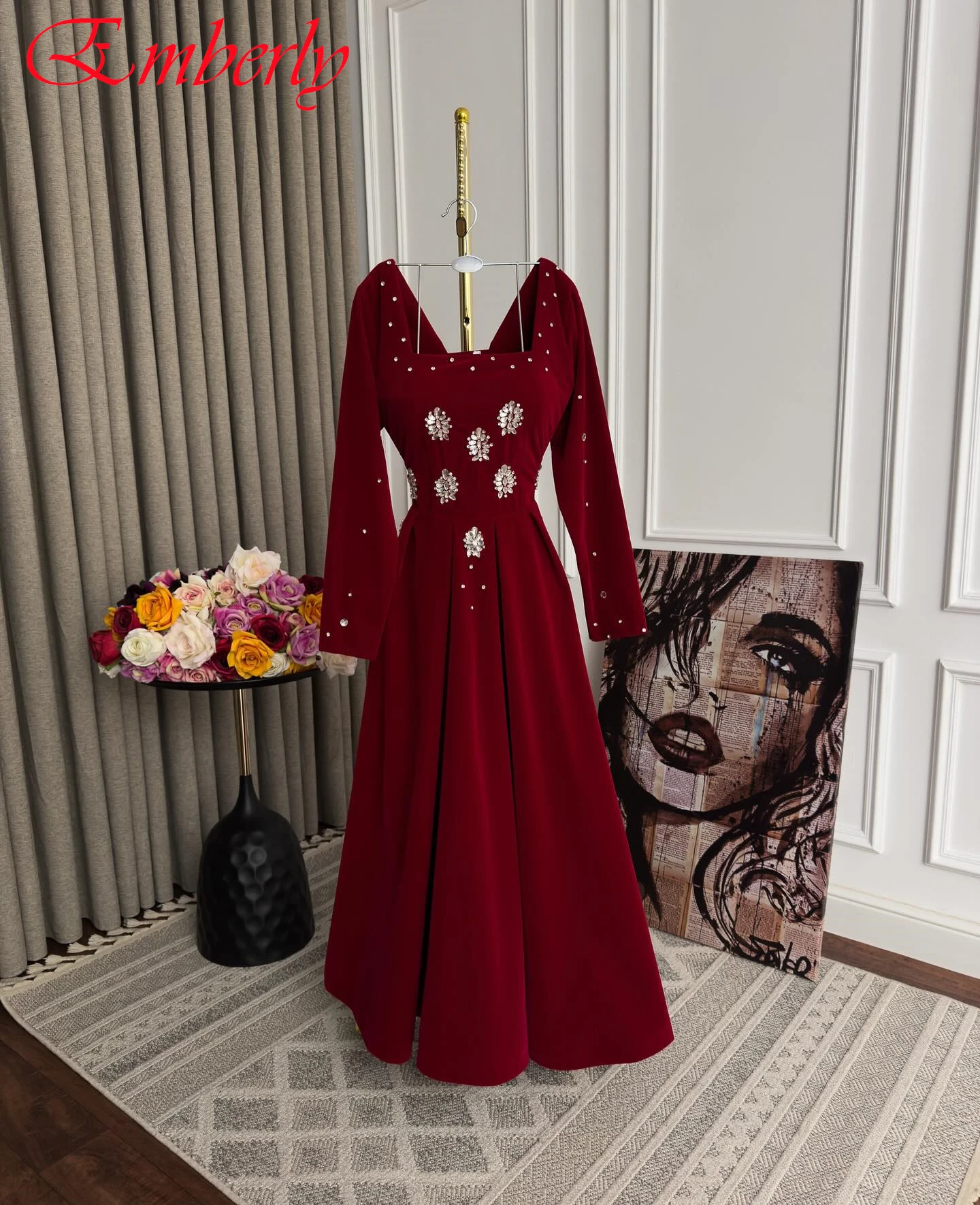 

Customized A-Line Square Collar Long Sleeves Elegant Evening Dress Delicate Celebrity Gowns Temperament Bespoke Occasion Gowns