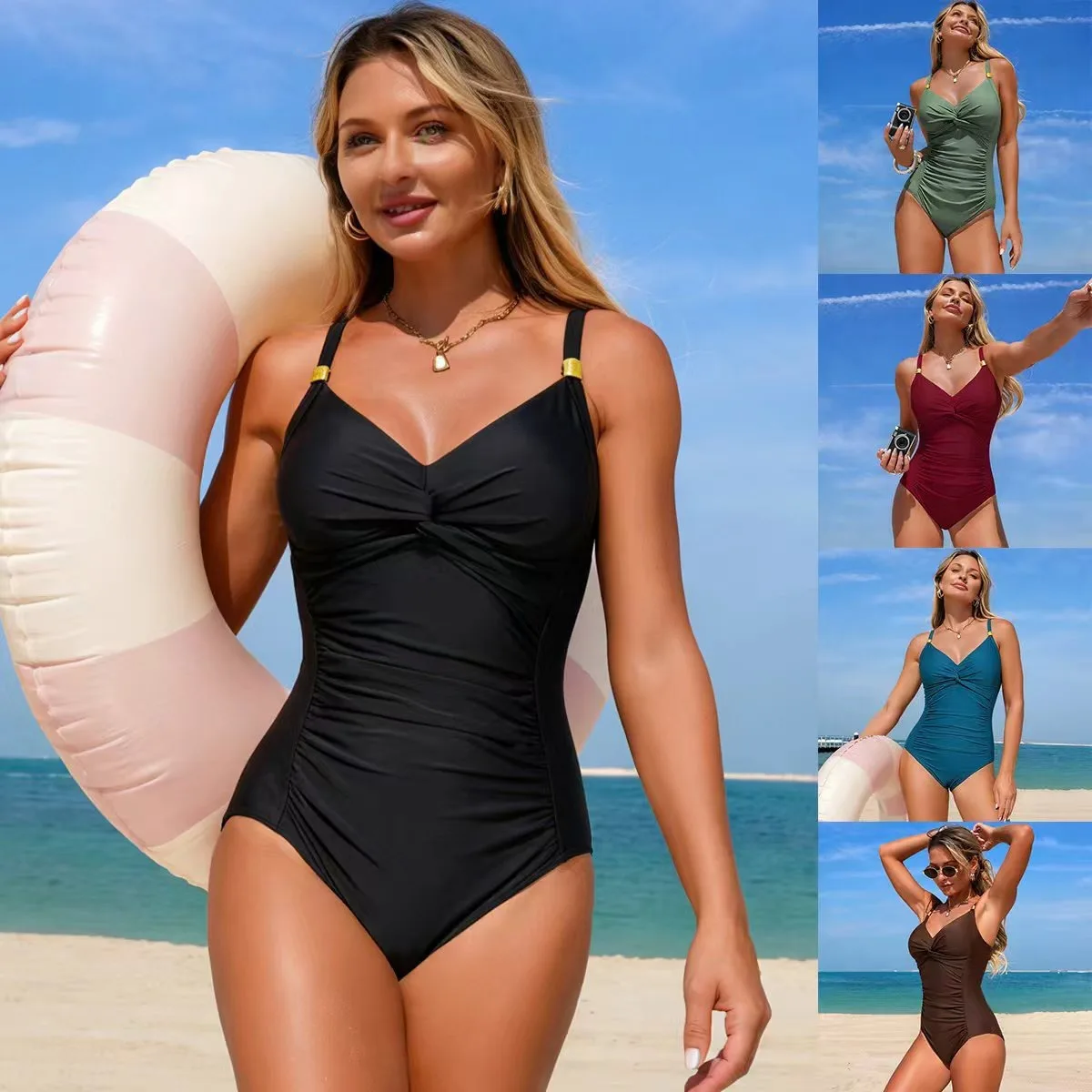 One Piece Solid Swimsuit Women 2026 Plain Ruched Swimwear Slim V Neck Bodysuit Female Bathers Bathing Swimming Swim Beach Summer