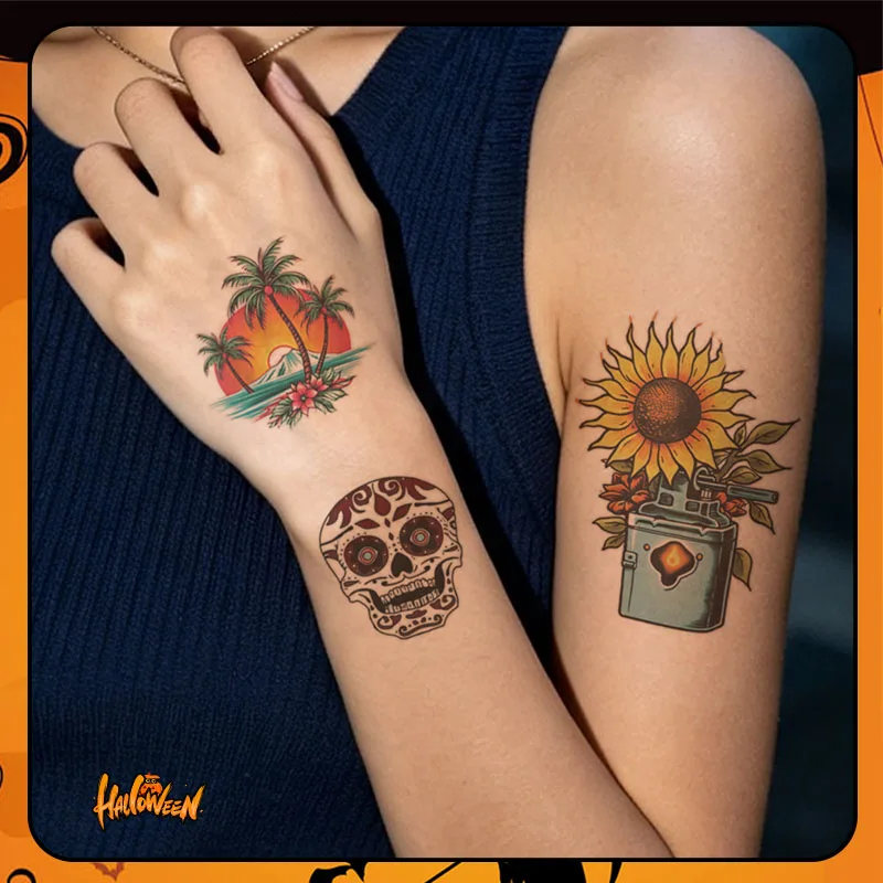 12Pcs Halloween Sugar Skull Waterproof Temporary Tattoo Sticker, Parties and Role-playing Makeup, For Man and Women, Face Arm