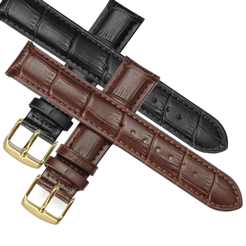 Replacement Watch Band Leather Sweat-proof Leather Watch Strap Yellow Gold Buckle Watch Bracelet Multiple Colors Available