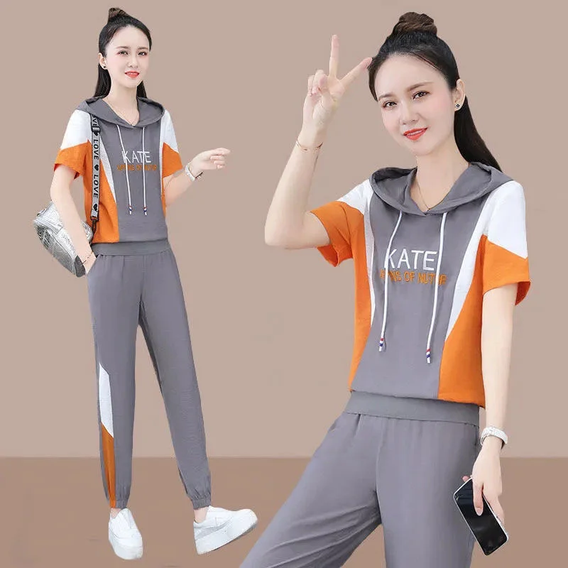 Women\'s Suit 2022 Spring Summer New 2 Two Piece Set Hooded Short Sleeve Crop Top Pants Leisure Tracksuit Korean Fashion Clothing