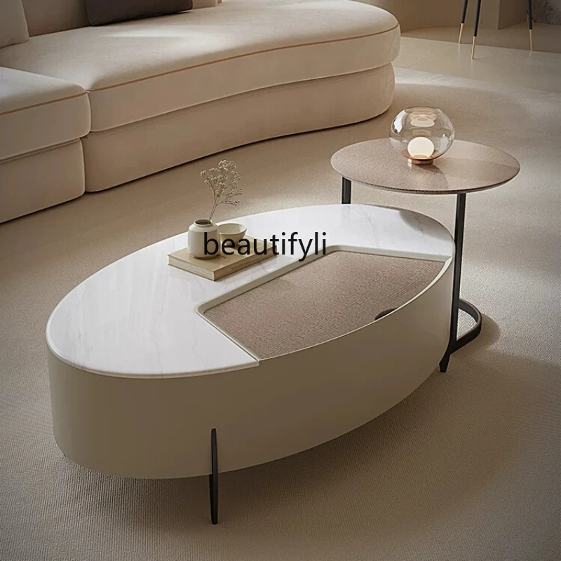 Oval Coffee Table Cream Style Living Room Home High-Grade Stainless Steel Microlite Coffee Table