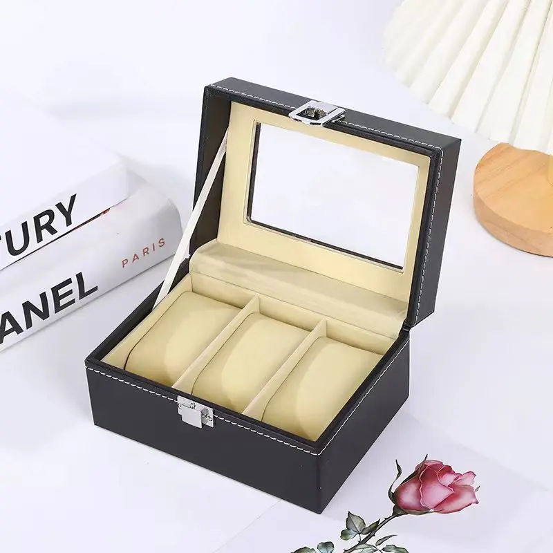 Hot Sale PU Leather Display Storage Collection Organizer watch box Case With Glass Top Slot Men Watch Bracket Display Box Gifts