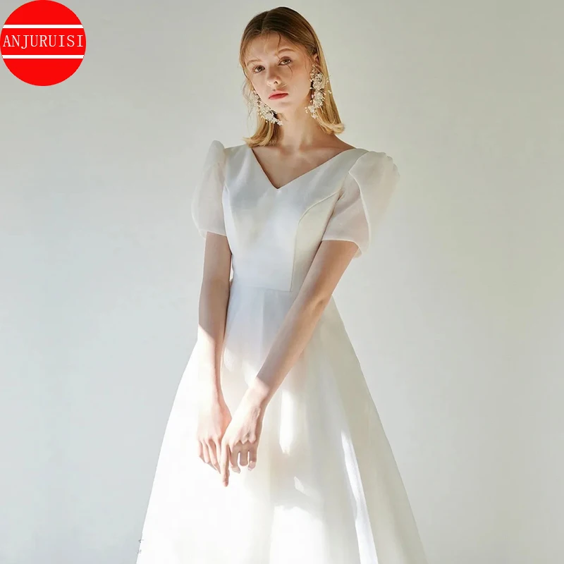 

A-line Satin Wedding Dress V-Neck Sheer Back Short-Sleeve Plus Size For Women Princess Robe de Mariee