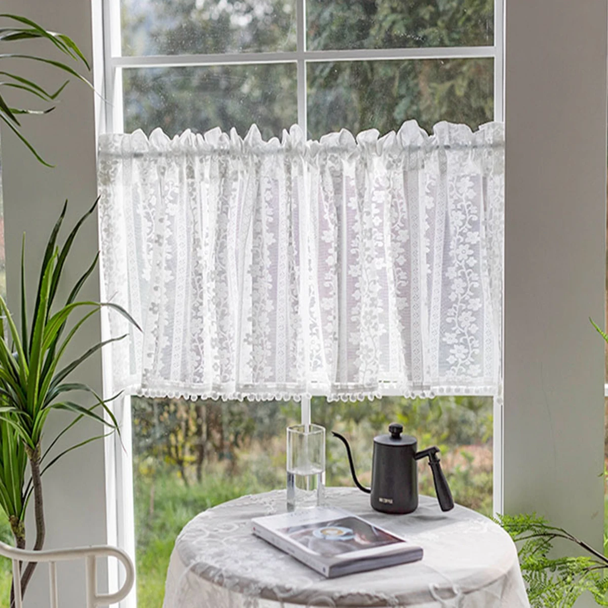 White Flower Knitted Lace with Pom-pom Sheer Curtains for  Kitchen Delicate Romantic Short Half Voile for Home Decor Drapes