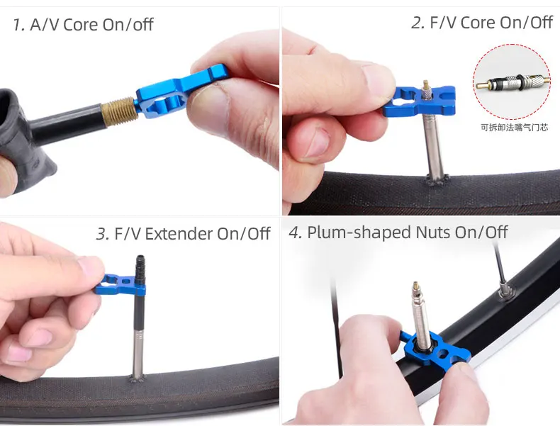 Fahrradventilwerkzeug Schrader Presta Kernschlüssel A/V Nipper Spanner F/V Extender Überholung Installation Service Eloxiertes Alaun. Legierung – Detail 9