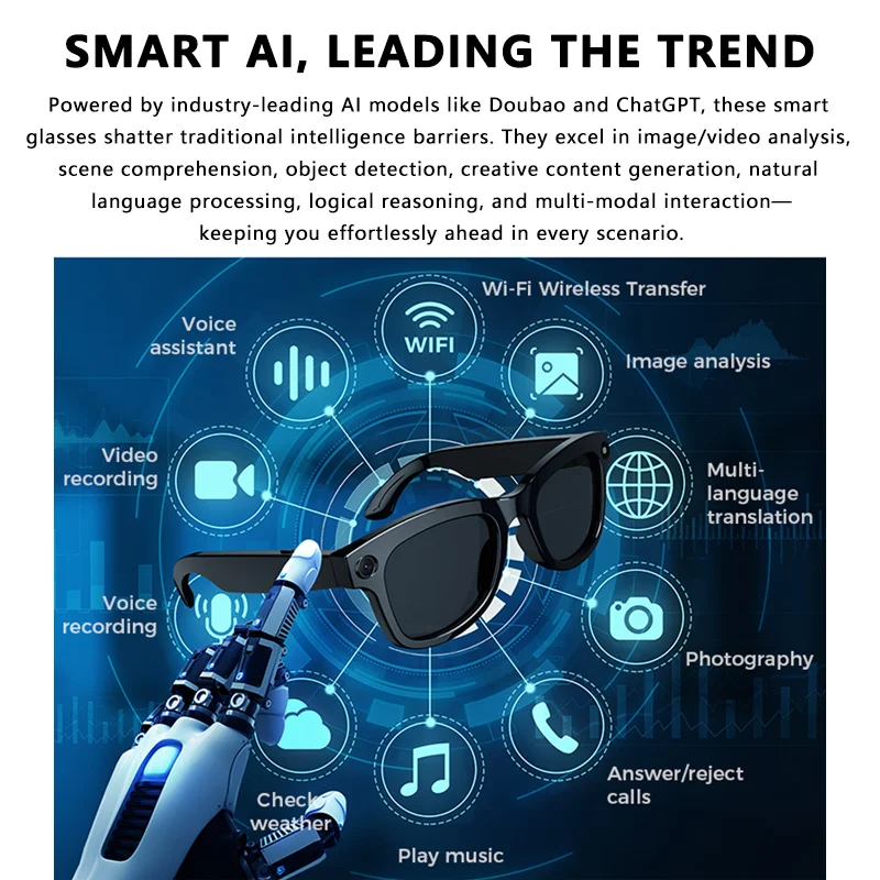 AI Smart Glasses w/ ChatGPT & 5MP Camera | Real-Time Translation, Voice Control, 5GHz WiFi, 4Hrs Playtime | HD Shooting