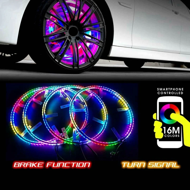 

4Pcs 15.5 Inch LED Wheel Ring Light Wheel Hub Atmosphere Light Decorative Light IP68 RGB Color 600LED Bluetooth Control