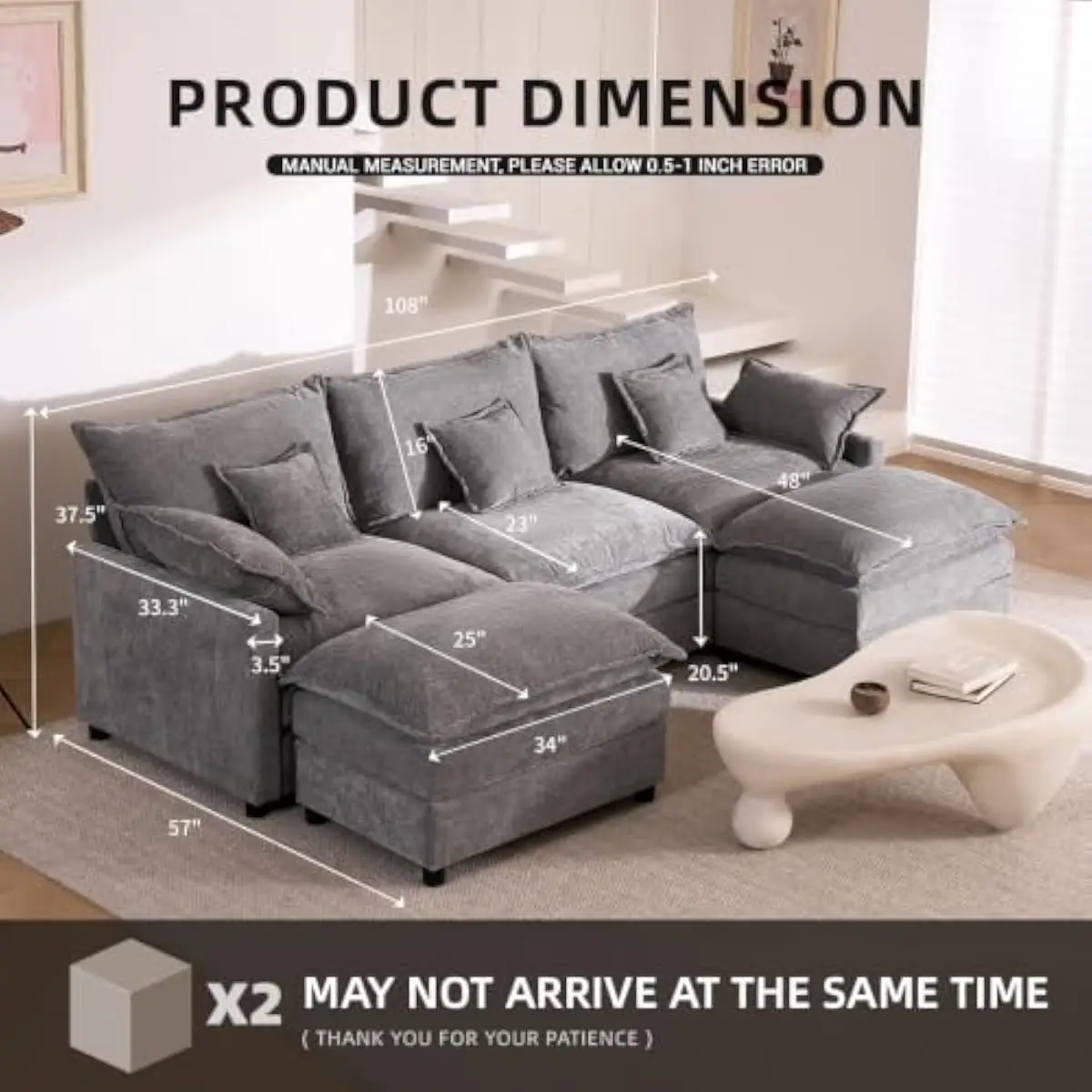 U Shaped Sectional Sofa 108 Inch Deep Seating Cloud Design Modern Slate Chenille Fabric 25 Inch Seat Depth Steel Frame 5 Person