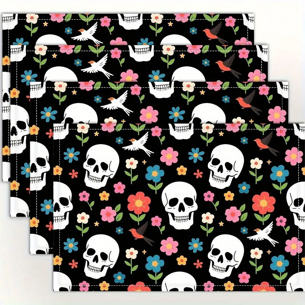Set of 4 Placemats Measuring 45.72X30.48 cm, Featuring a Design of Skulls And Flowers, Suitable for Various Home Applications