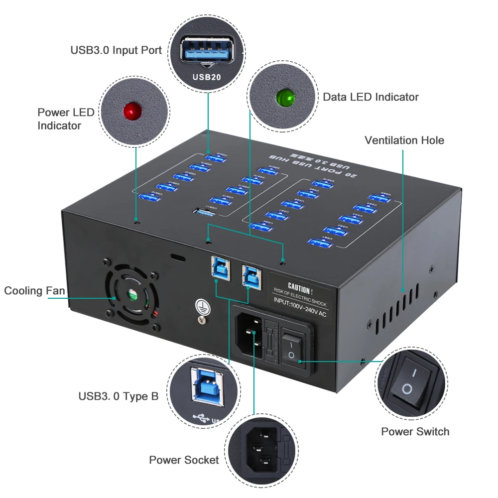 Metal 20-Port USB Hub 3.0 with Built-in 22A Power Supply - Charge 20 Devices