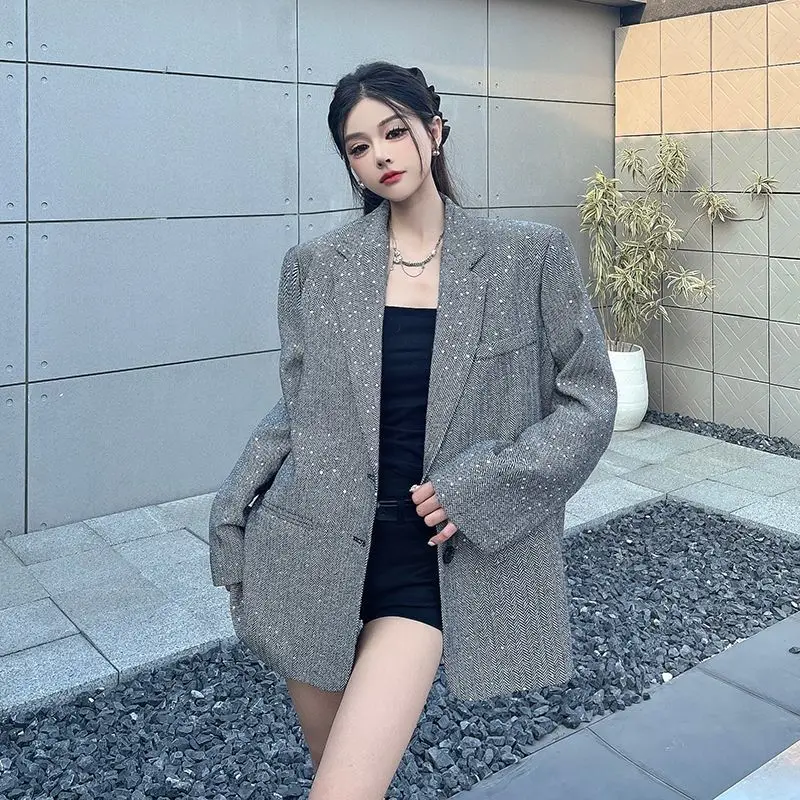 

​​Artisan Gray Sequined Blazer Women 2025 Spring Autumn Drop Shoulder Luxe Fit Oversized Long Sleeve Jacket​​
