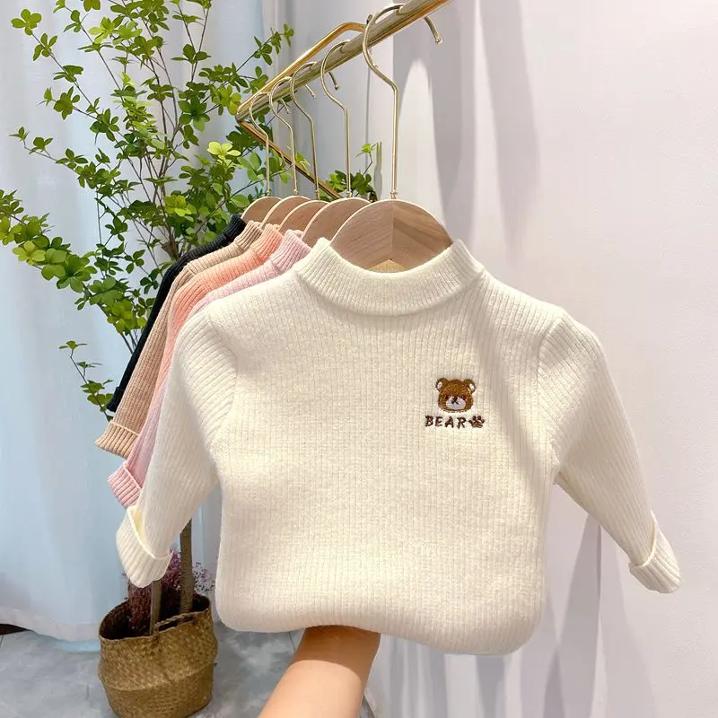 

Girls Solid Knitted Sweaters New Autumn Winter Toddler Pullover Knitwear Cotton Clothing Bear Baby Boy Kids Clothes Tops