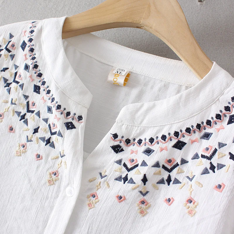 New Autumn Artificial Cotton Shirts Women Basic Large Top Girl Embroidery Casual Retro Fashion Loose Blouses Spring 4XL T39374QM