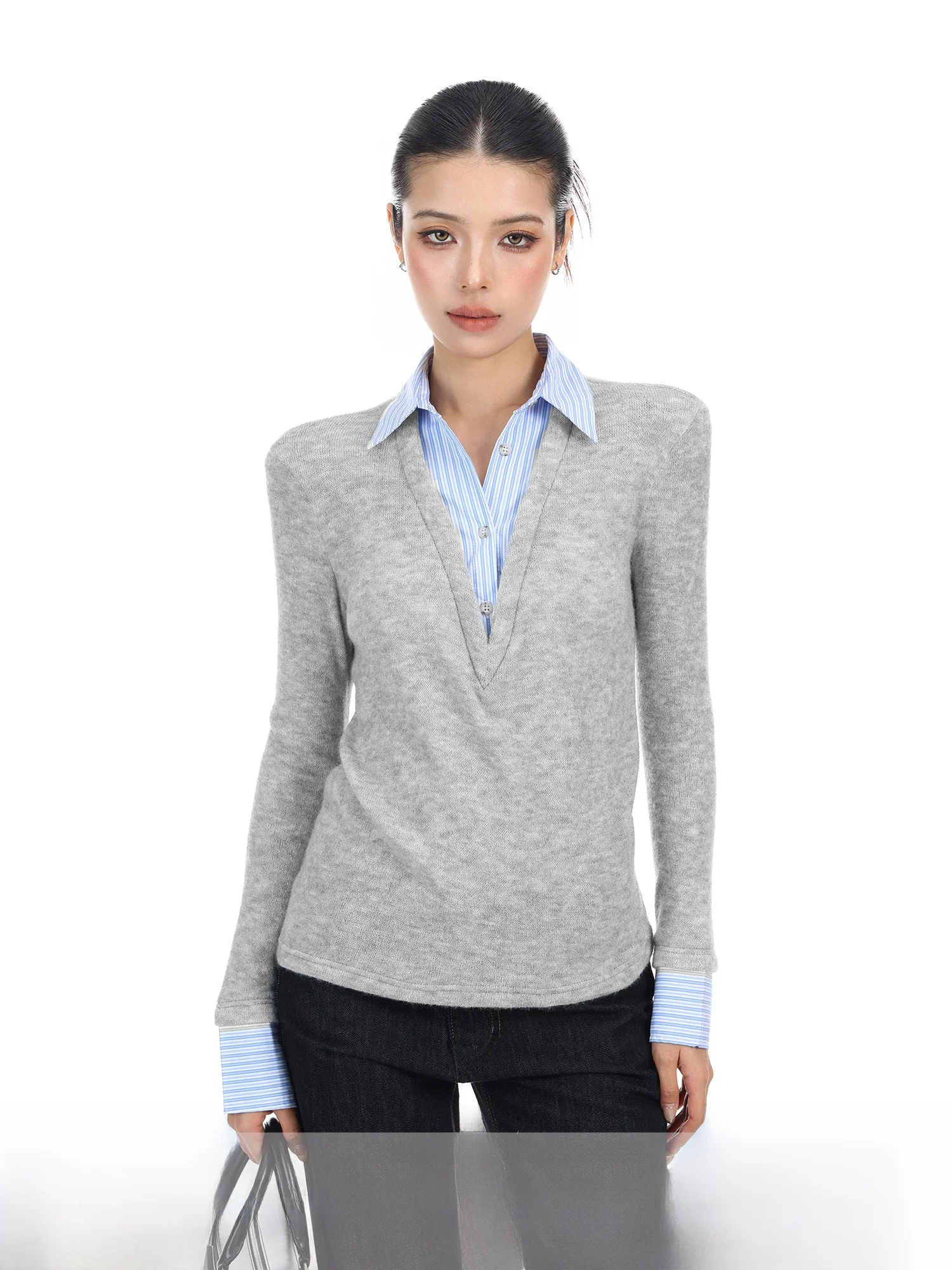 

Элегантный вязаный топ Biggold с длинным рукавом, облегающий, в стиле колор-блок, модный винтажный дизайн, весенняя коллекция