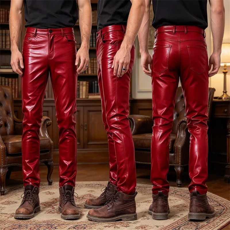 Men's Shiny Faux Leather Trousers Slim Fit Straight Leg Multi Pockets Pants For Nightclub Disco Party Biker Streetwear For Male