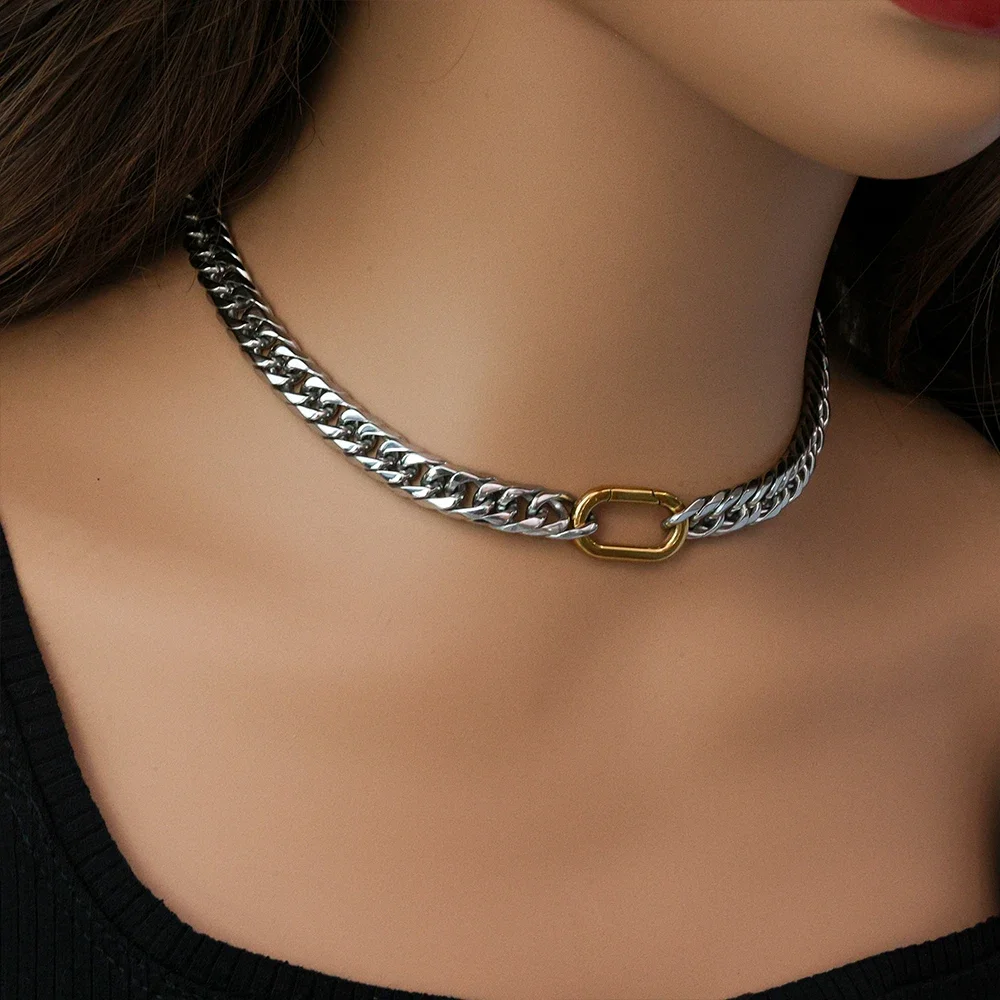 Waterproof Stainless Steel Jewelry Choker High Polished Gold Plated Neck Cuban Link Chain Two Tone Clasp Necklace for Women