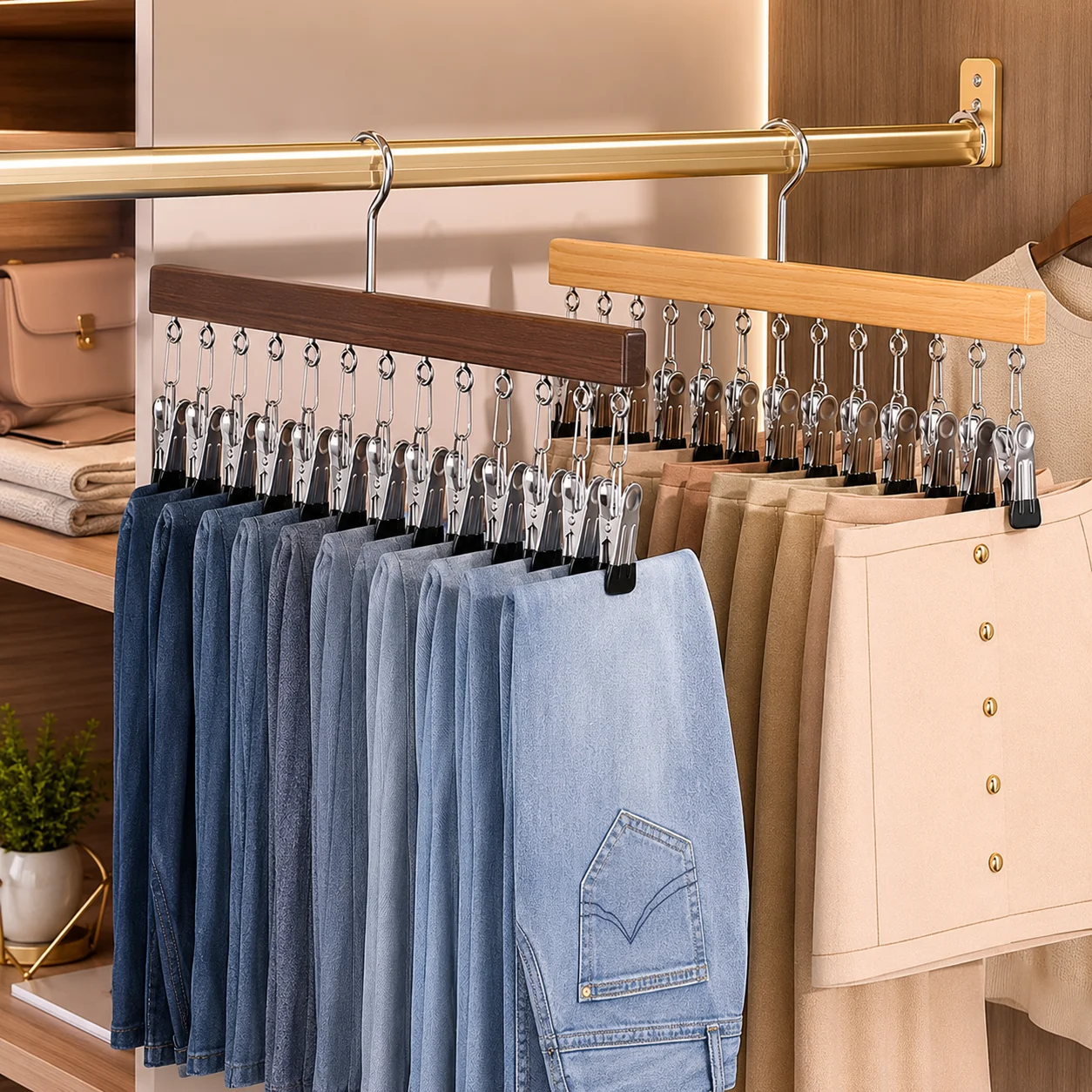 Wooden 10/12 Clip Pants Hanger, Anti-Slip Multi Garment Organizer for Jeans Shorts Socks Hats, Home Dorm Space Saving Storage
