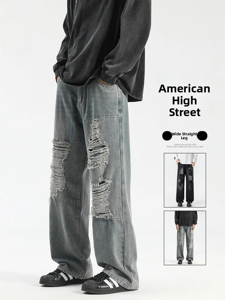 

American Vibe Men's Jeans Trendy Versatile Waed Denim Pants Cuffed Loose Straight Legwear Resistant to Wear for Teens