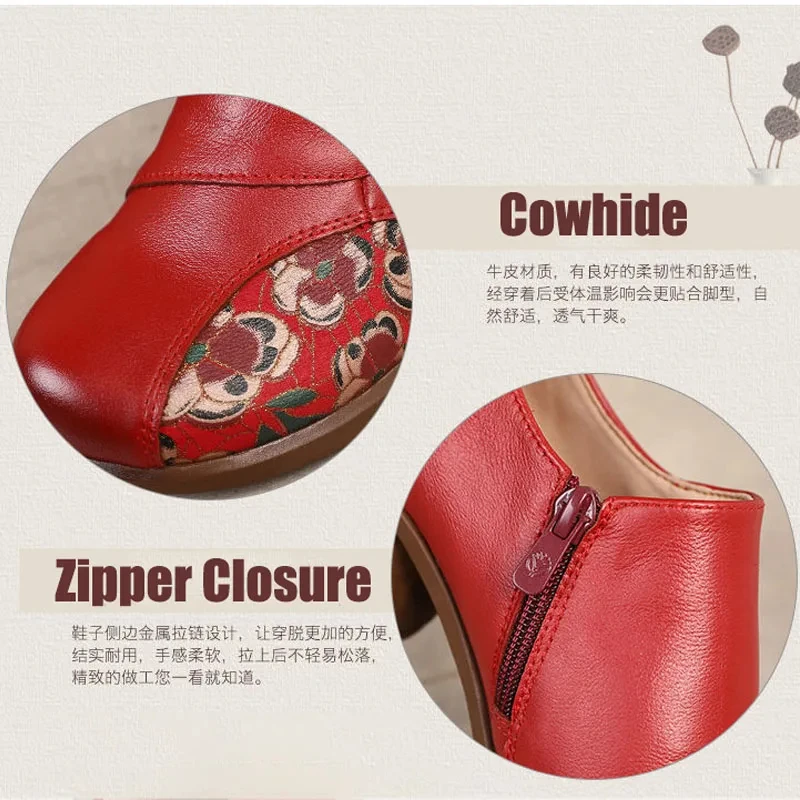 Cozy Retro Floral Low Heels Classic Pumps Women's Vintage Genuine Leather Shoes Ladies Handmade Bohemia Pumps Shoes Black Heels