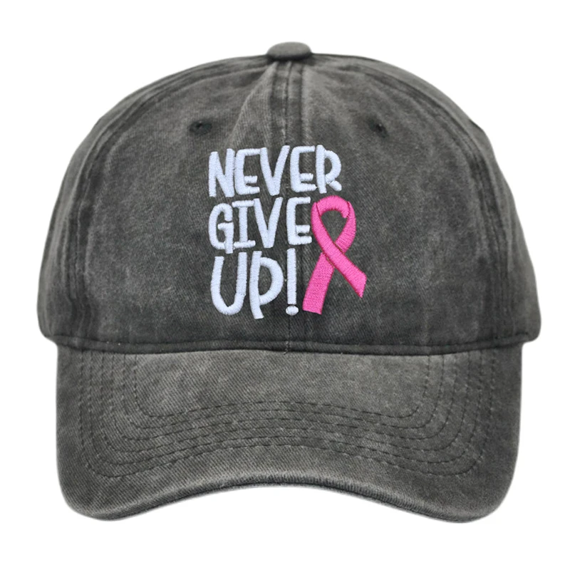 NEVER GIVE UP Gorra de béisbol de algodón lavada vintage ajustable Never Give Up Sombrero de cinta rosa para la concientización sobre el cáncer de mama Sombrero de papá unisex