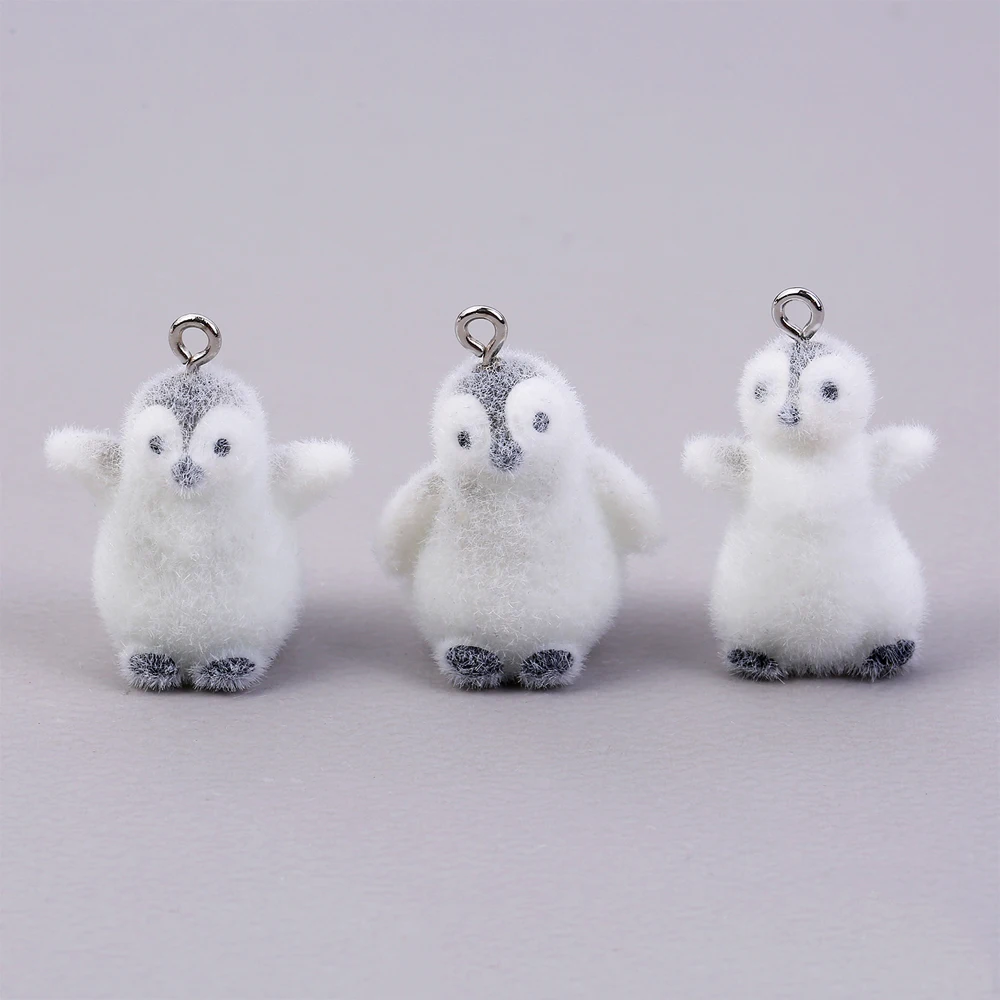 10Pcs Flocking Kawaii 3D Small Penguin Resin Charms Lovely Miniature Figurine Pendants for DIY Jewelry Keychain Making