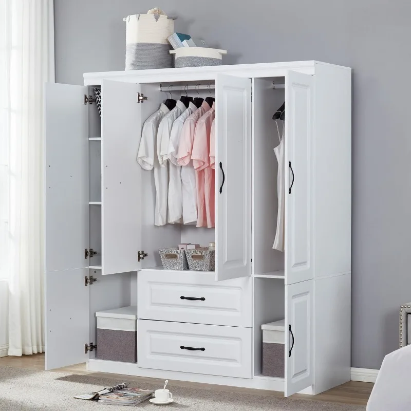 4 Door Armoire Wardrobe Closet Cabinet 2 Drawers Wooden White Cabinet Closet with High Storage Capacity Closet Wardrobe