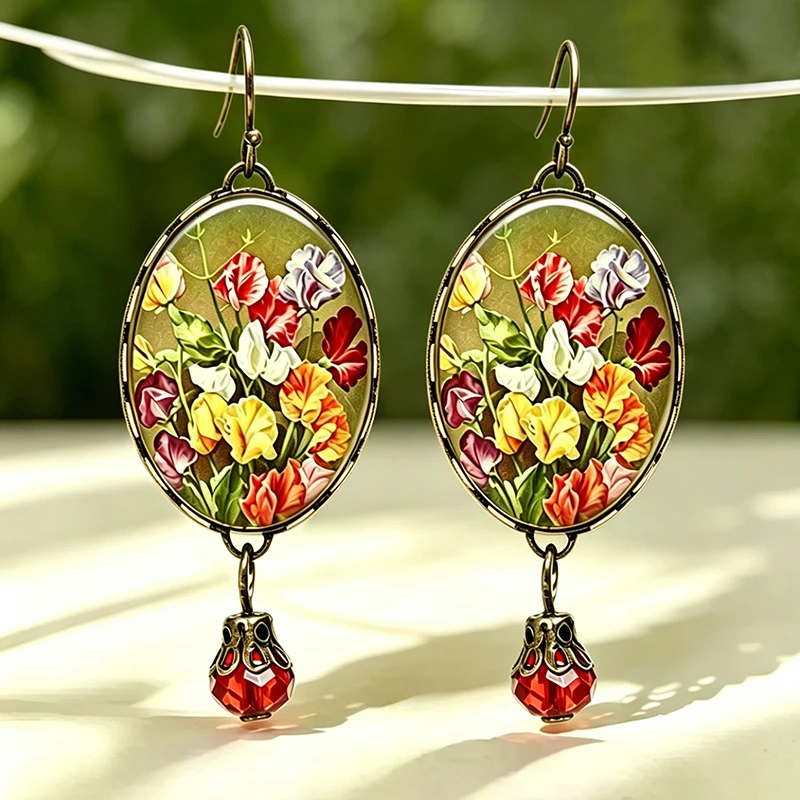 Böhmische ovale Ohrringe aus Blumenglas im antiken Bronze-Stil, roter Kristallperlen-Anhänger, Schmuck, Geschenk für Frauen und Mädchen, Mode
