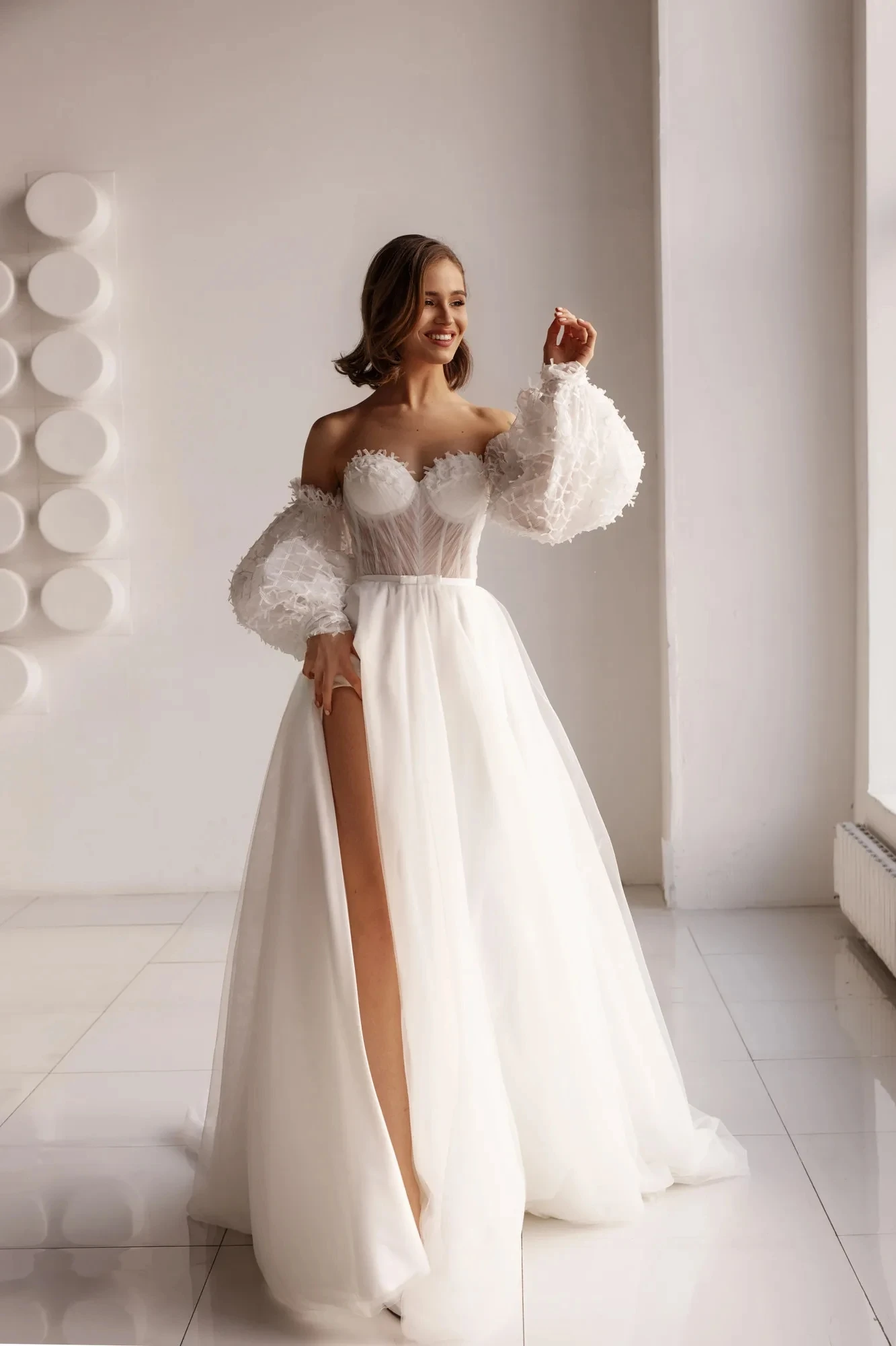 Mode Brautkleider Laterne Ärmel Brautkleider sexy rücken freie Seite Split Roben für formelle Party A-Linie Vestidos de Novia