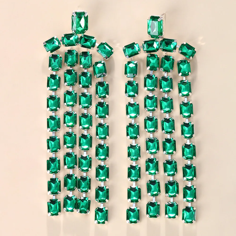 Fashion Square Rhinestone Exaggerated Earrings Wedding Accessories 2023 Tassel Crystal Hanging Dangle Earrings Oversize Jewelry image 6