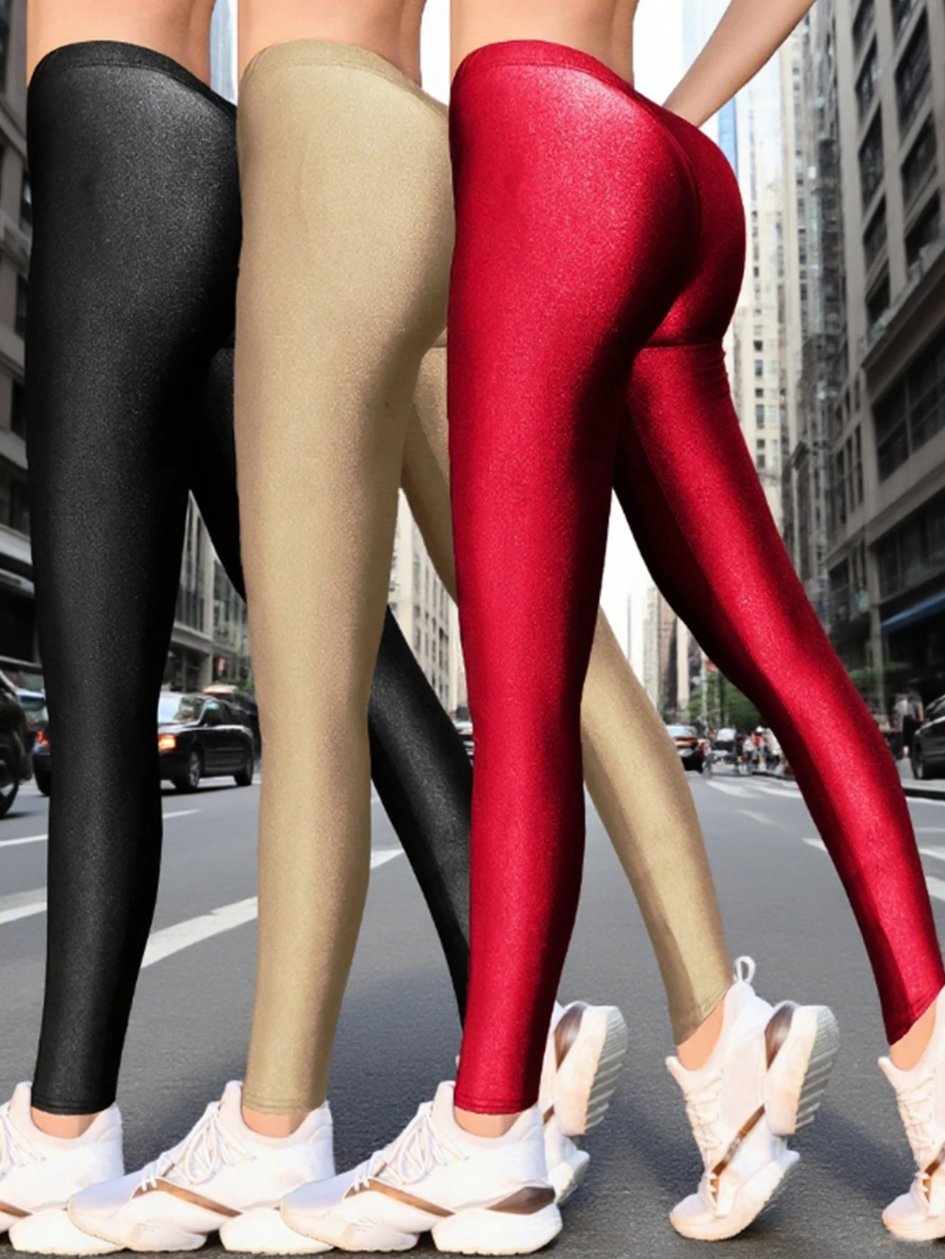 New Spring And Summer Stretch Waist Polyester Glossy Nine-inch Pants In Colorful Dark Blue Casual Base Set Of Three Pieces