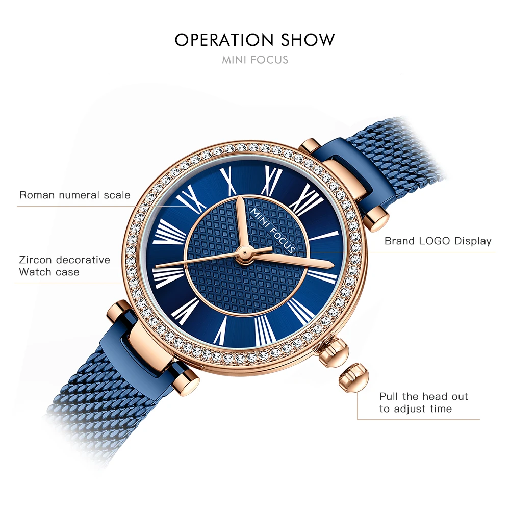 MINI FOCUS Ladies Watches Gold Mesh Belt Elegant Rhinestone Luxury Watch Waterproof Fashion Quartz Wrist watches montre 0424L